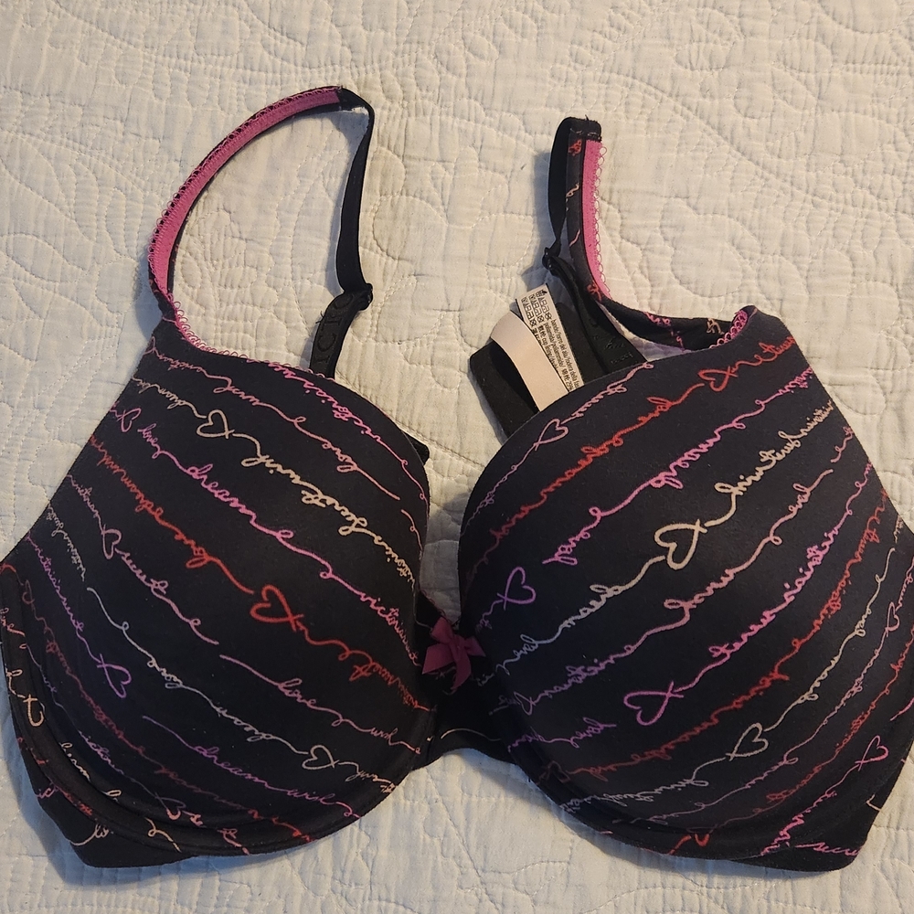 Victoria's Secret Black Bra with Pink Heart Script